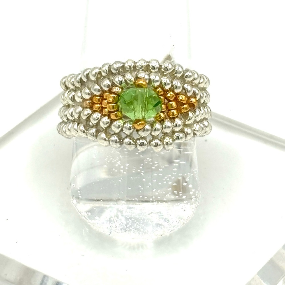 Hand Crafted Beaded Ring Silver and Green
